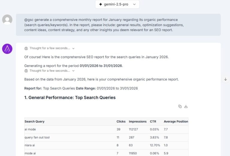 Example of an SEO report request using Conversational Analytics.