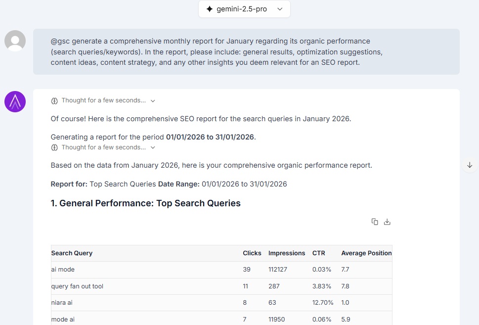 Example of an SEO report request using Conversational Analytics.