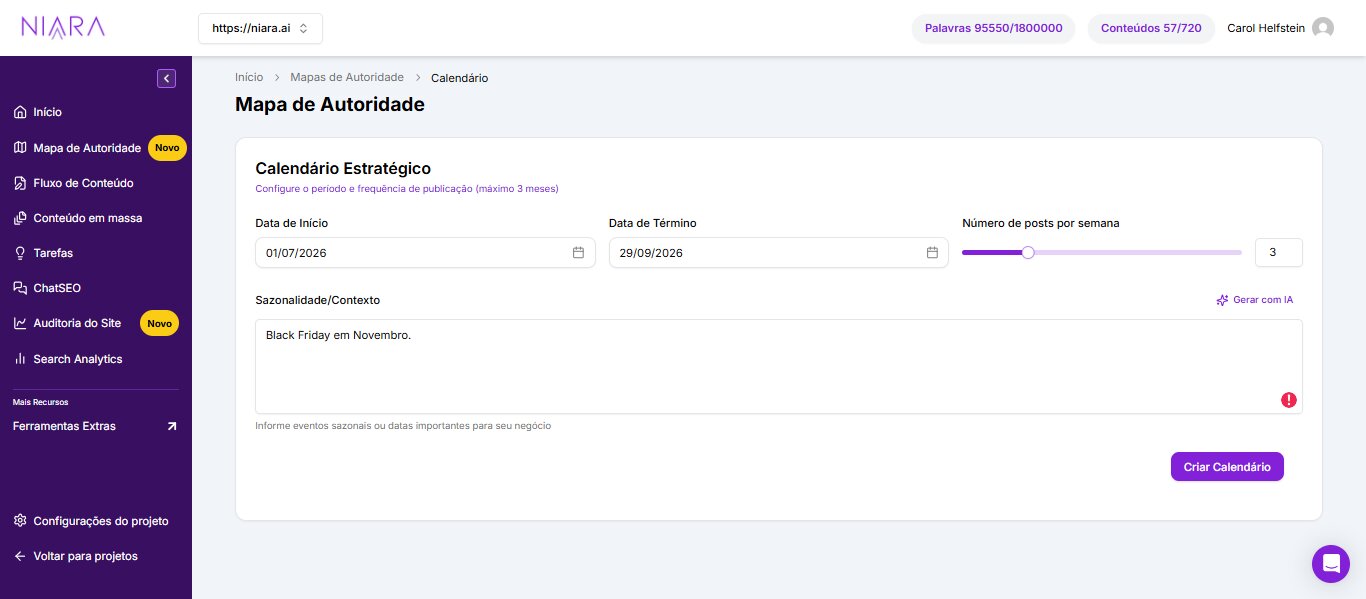 Página de criação do calendário no Mapa de Autoridade da Niara.