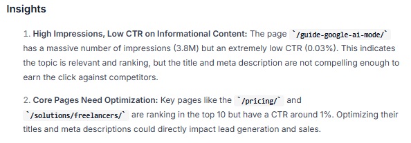 List of strategic insights based on Search Console data.