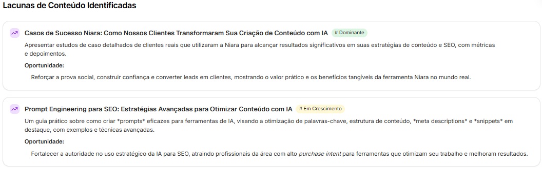 Lacunas de conteúdo encontradas no site da Niara pelo Mapa de Autoridade.