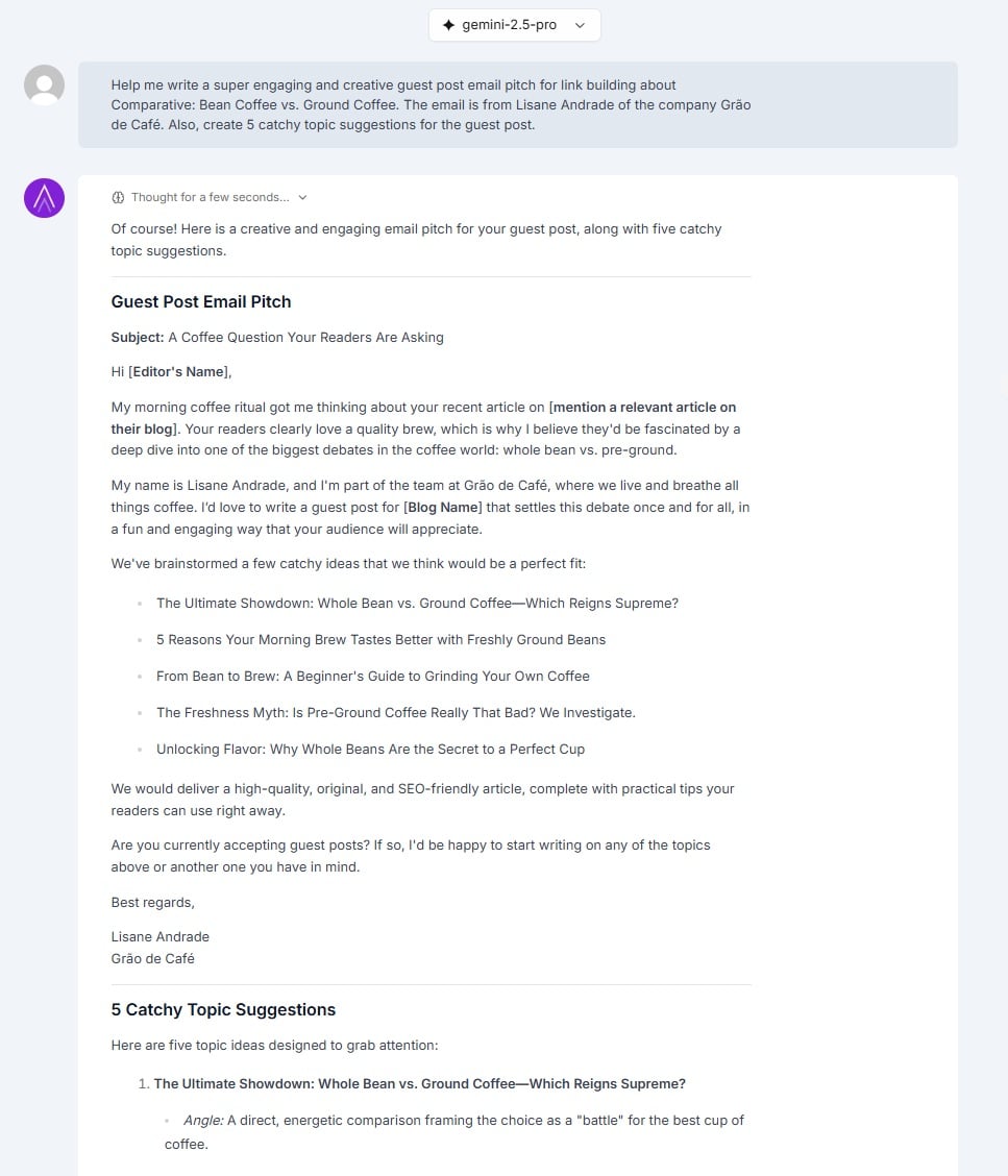 Guest post email pitch created by Niara's ChatSEO.