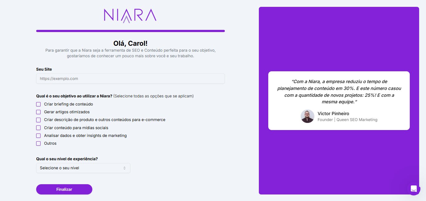 Tela inicial da Niara após a finalização do cadastro.