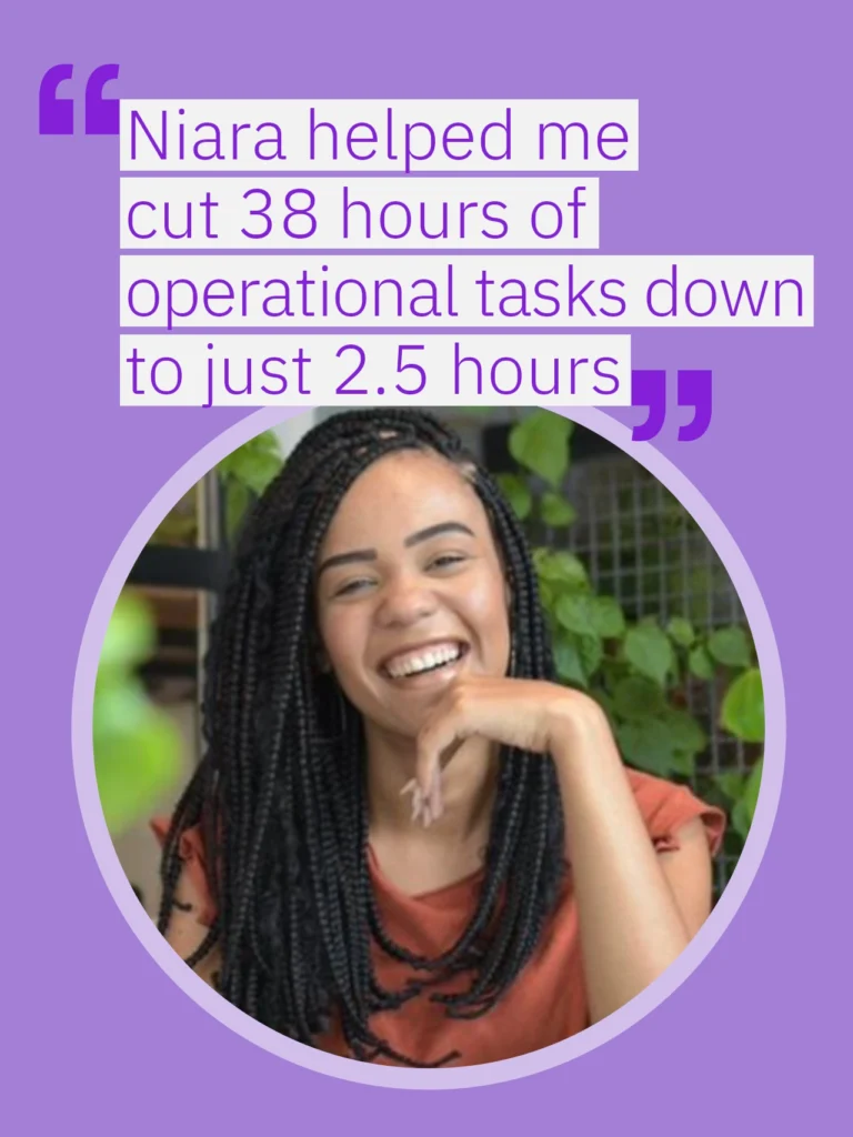 Purple testimonial banner featuring Vitória