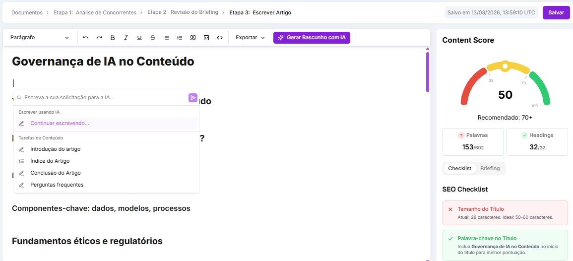 Painel de criação de artigo no Fluxo de Conteúdo da Niara.