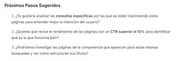 Sugerencias de próximos pasos y preguntas de seguimiento en Niara