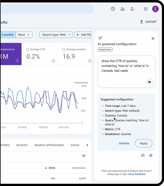 Interface do Google Search Console mostrando o novo recurso de filtro com IA no relatório de performance.