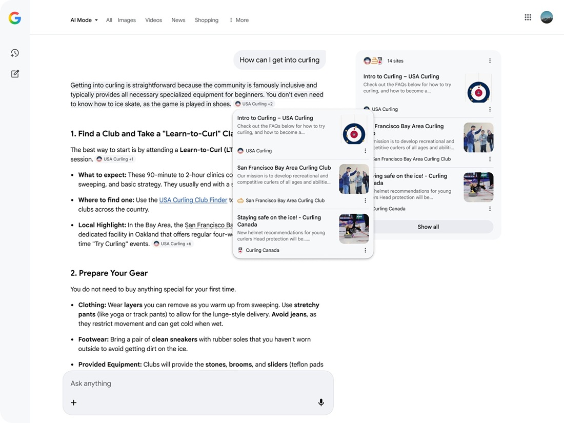 Links em pop-up no AI Overview do Google.