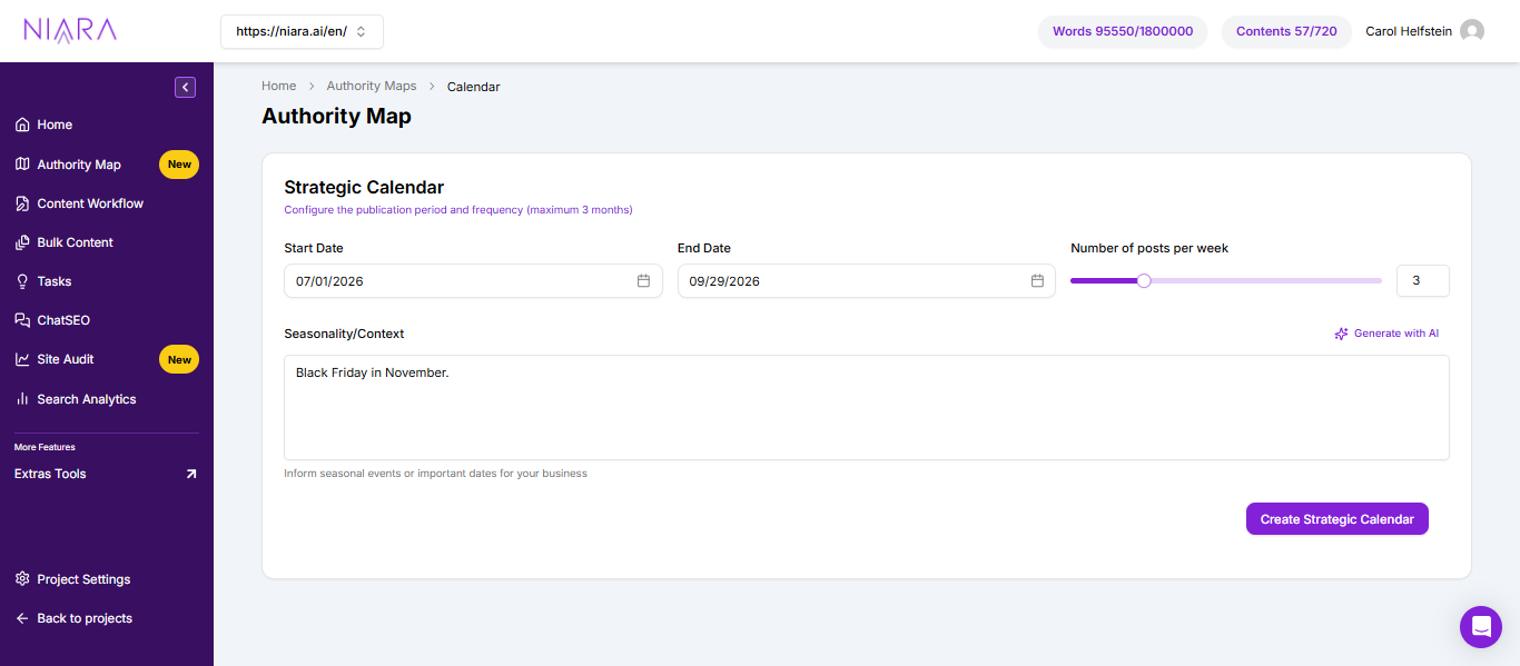 Calendar creation options in Niara's Authority Map.