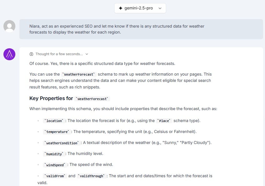 ChatSEO suggesting structured data.
