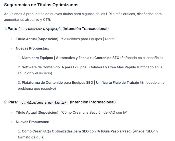 Sugerencias de optimización de títulos generadas por Niara