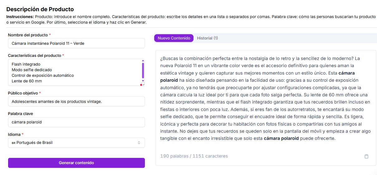 Resultado de descripción de producto generada por la tarea de Niara