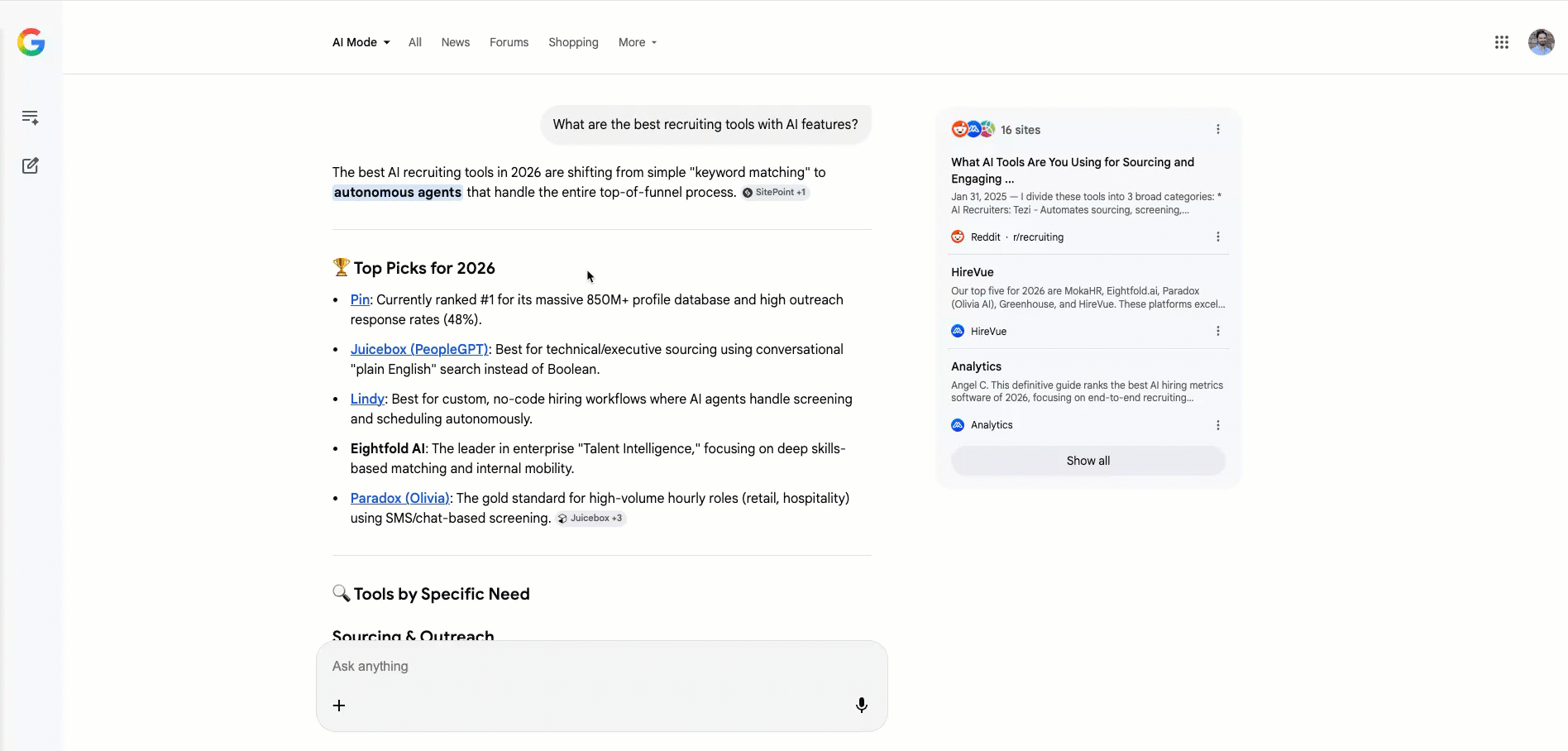 Novo AI Mode que agora abre os links na lateral, mantendo o contexto.