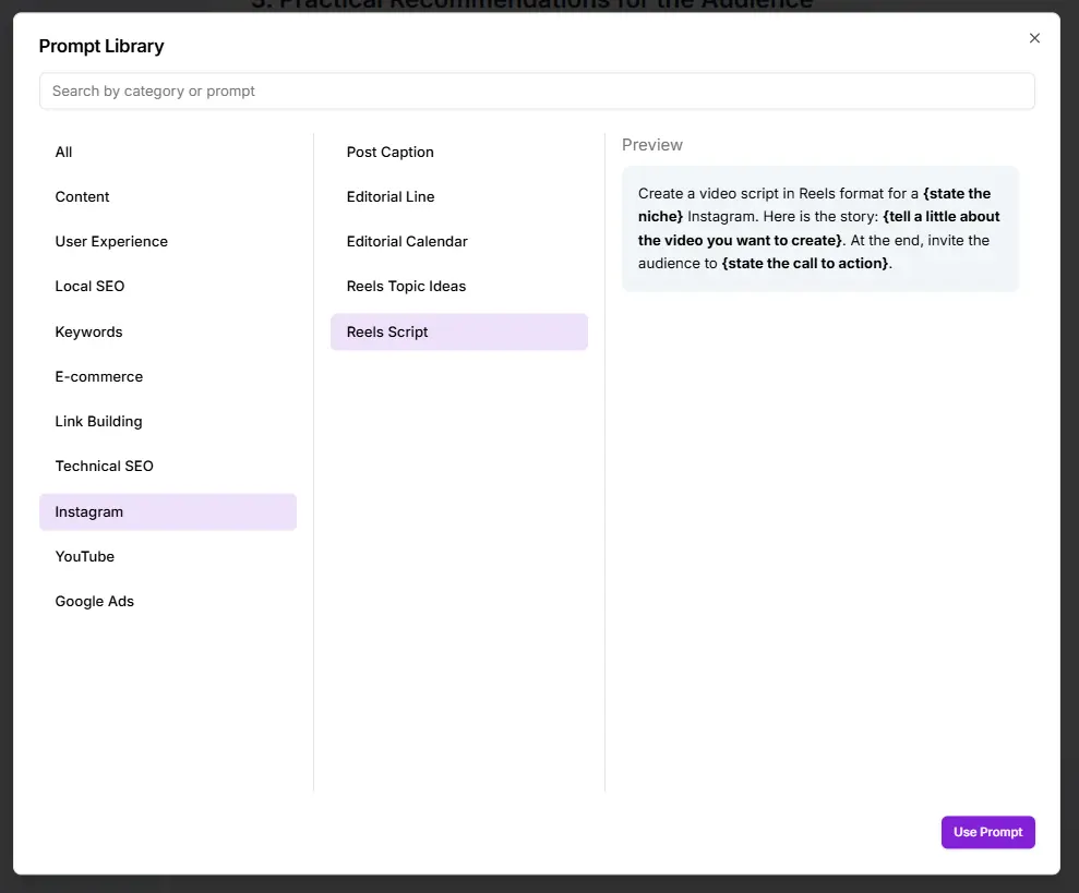 Reels script at Niara's Prompt Library
