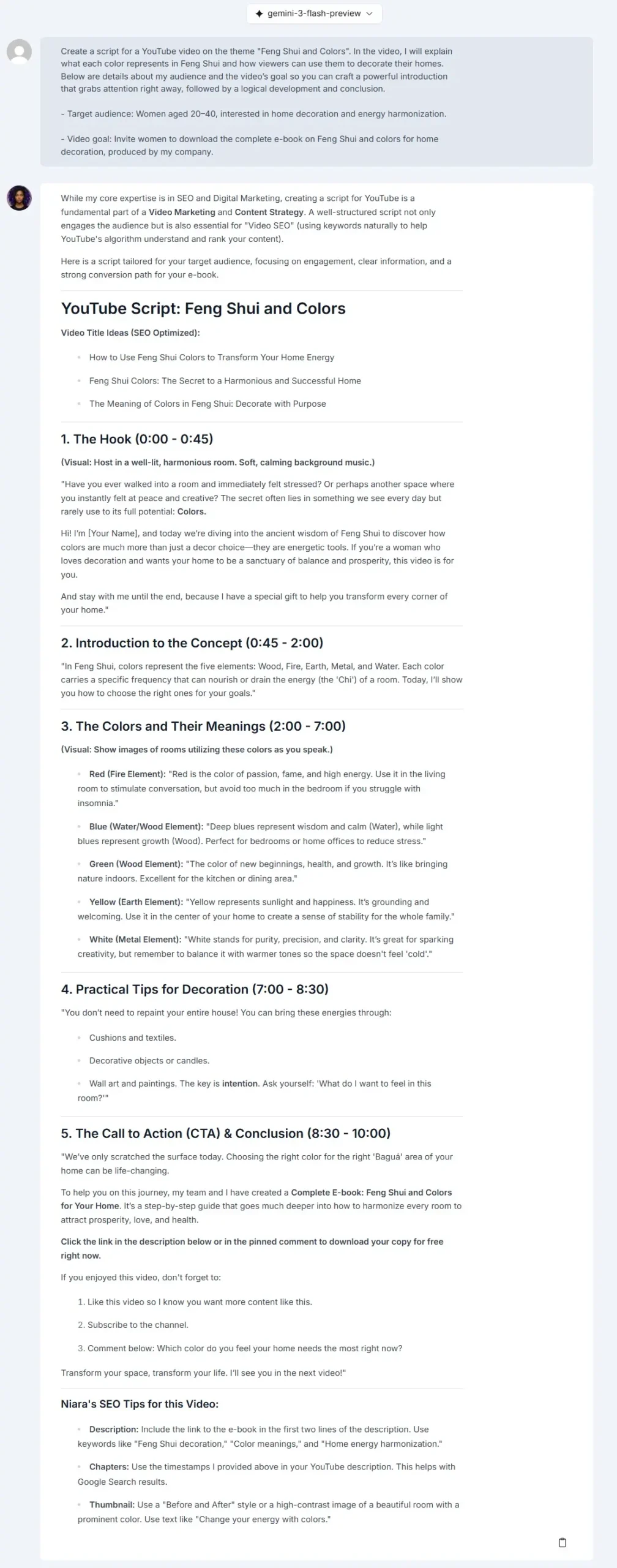 Niara's script for a YouTube video about feng shui