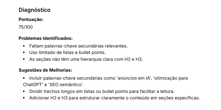 Exemplo de diagnóstico feito pela Análise de SEO para Artigo