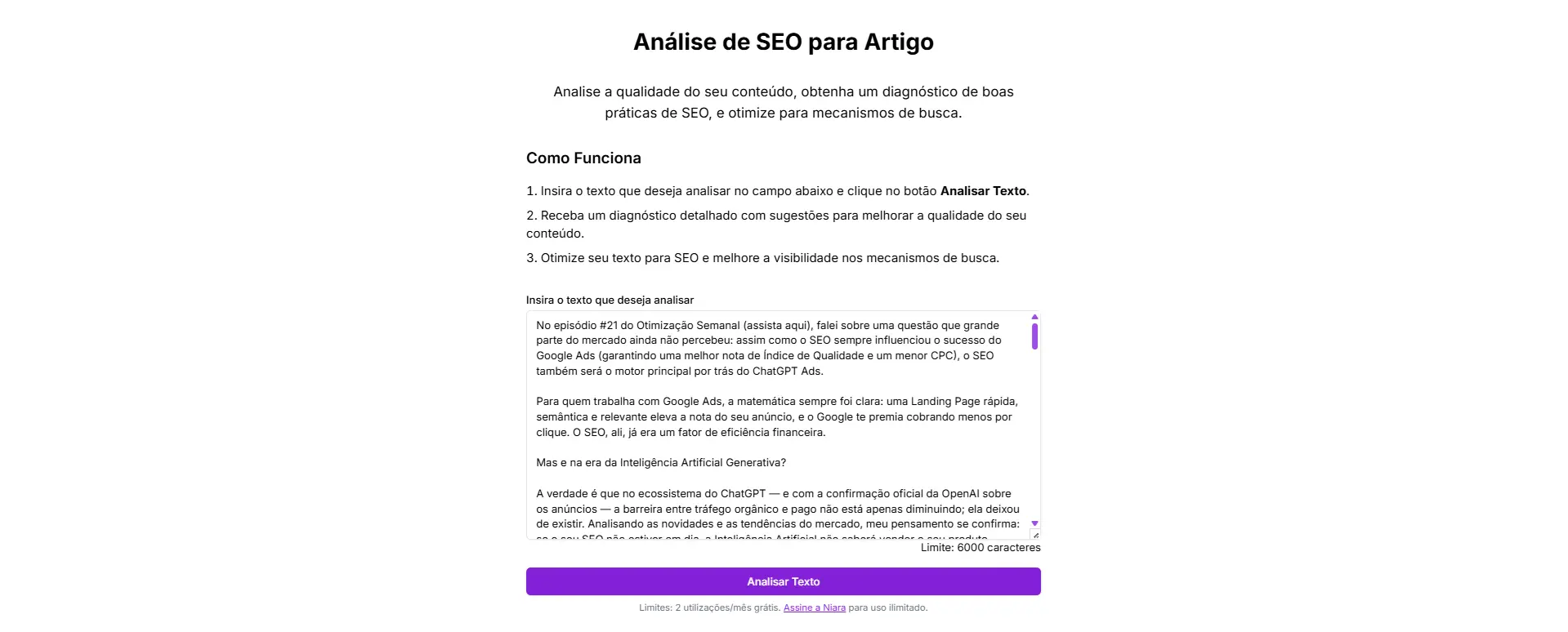 Análise de SEO para artigo da Niara