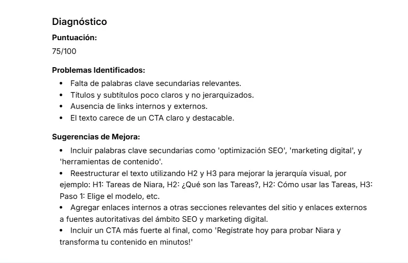 Ejemplo de diagnóstico realizado por el Análisis de SEO para un artículo