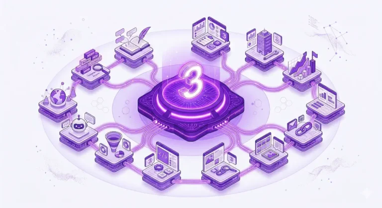 Ilustração futurista de ecossistema digital roxo com núcleo brilhante número 3, simbolizando 3 anos da Niara.