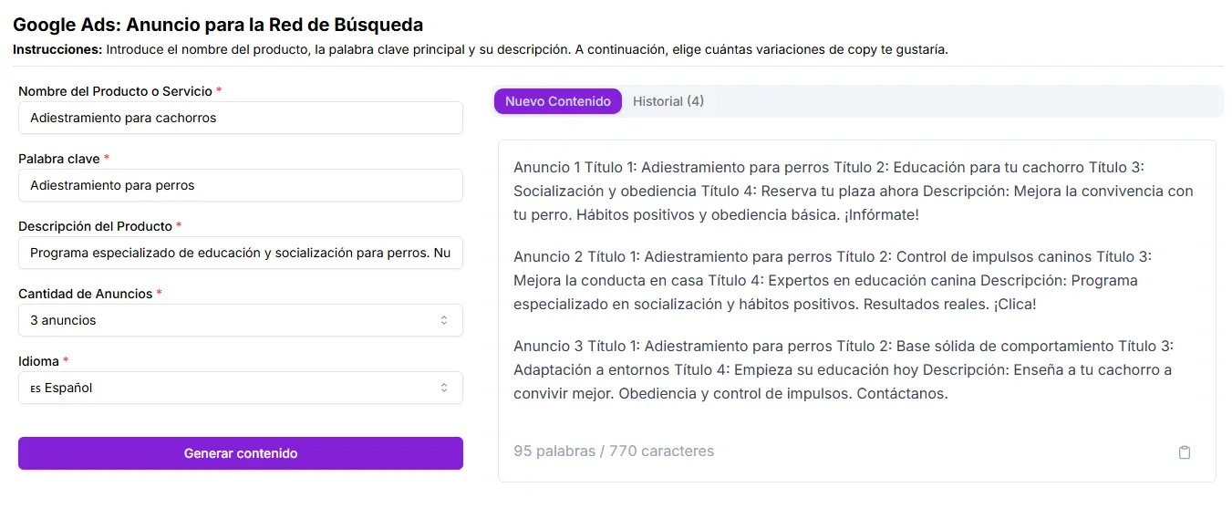 Anuncio para la Red de Búsqueda creado por Niara