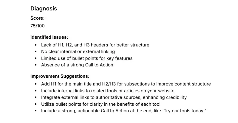Example of diagnosis performed by the SEO Analysis for an article