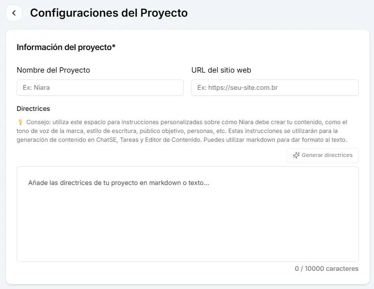 Área de configuración del proyecto con la sección de la Guía de Marca de Niara.