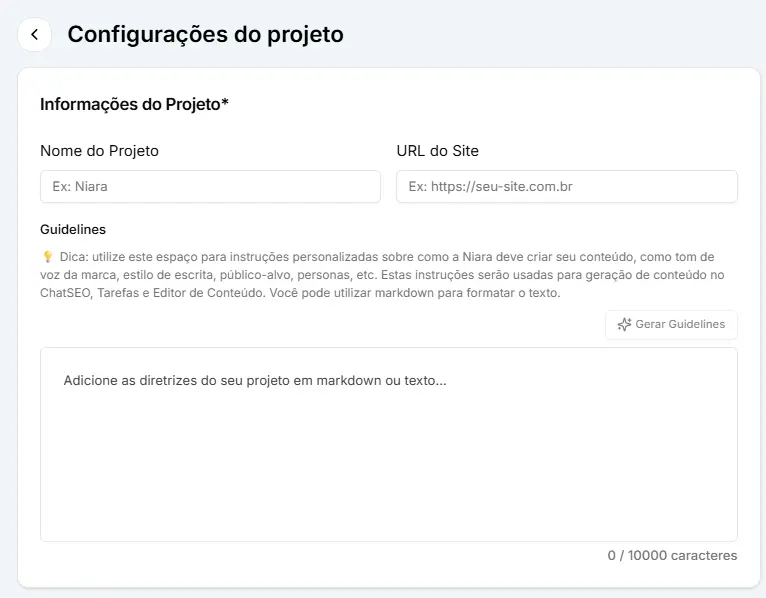 Área de configuração do projeto com a seção do Guia de Marca da Niara.