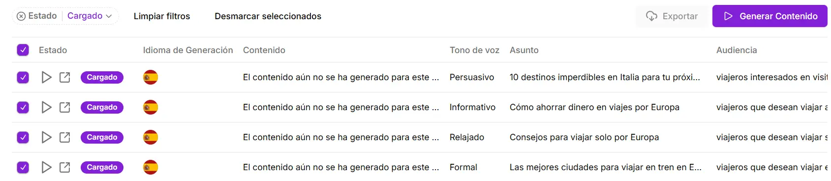 Generación en el Contenido en Masa de Niara