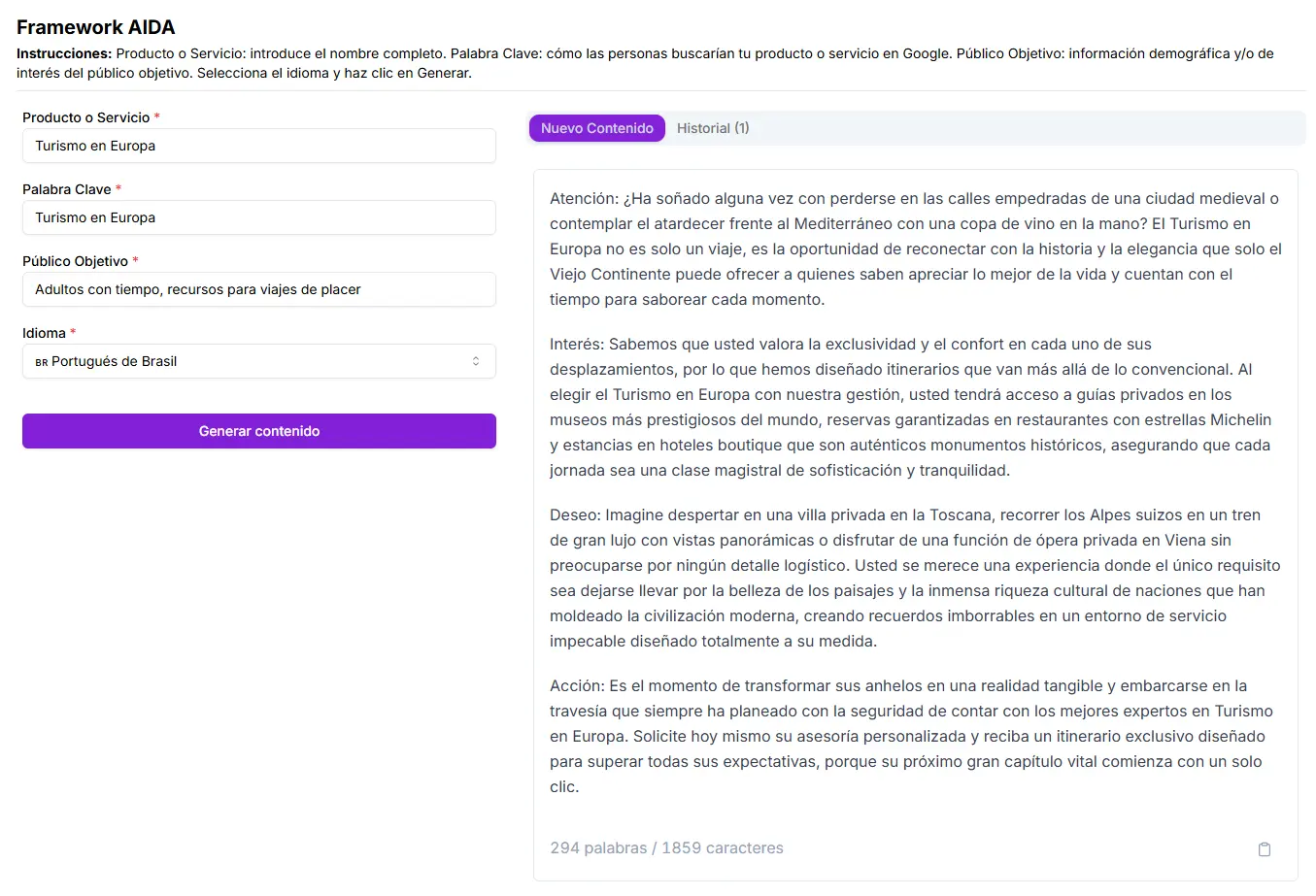 Ejempo copy AIDA generado por Niara