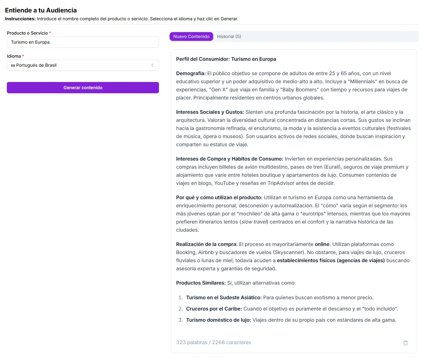 Ejemplo de audiencia generado por Niara para Turismo en Europa