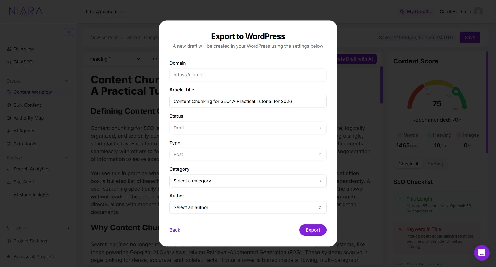 WordPress export option in Content Workflow