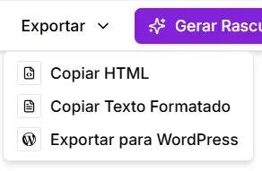 Opção "Exportar" no Fluxo de Conteúdo com opção de exportação de texto para WordPress