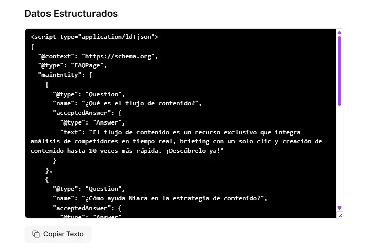 Datos estructurados de preguntas frecuentes generados por Niara
