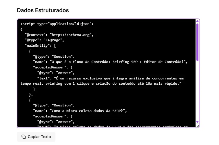 Dados estruturados de FAQ gerado pela Niara.