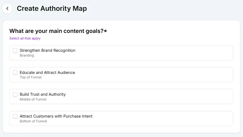 Goal selection panel in the Authority Map