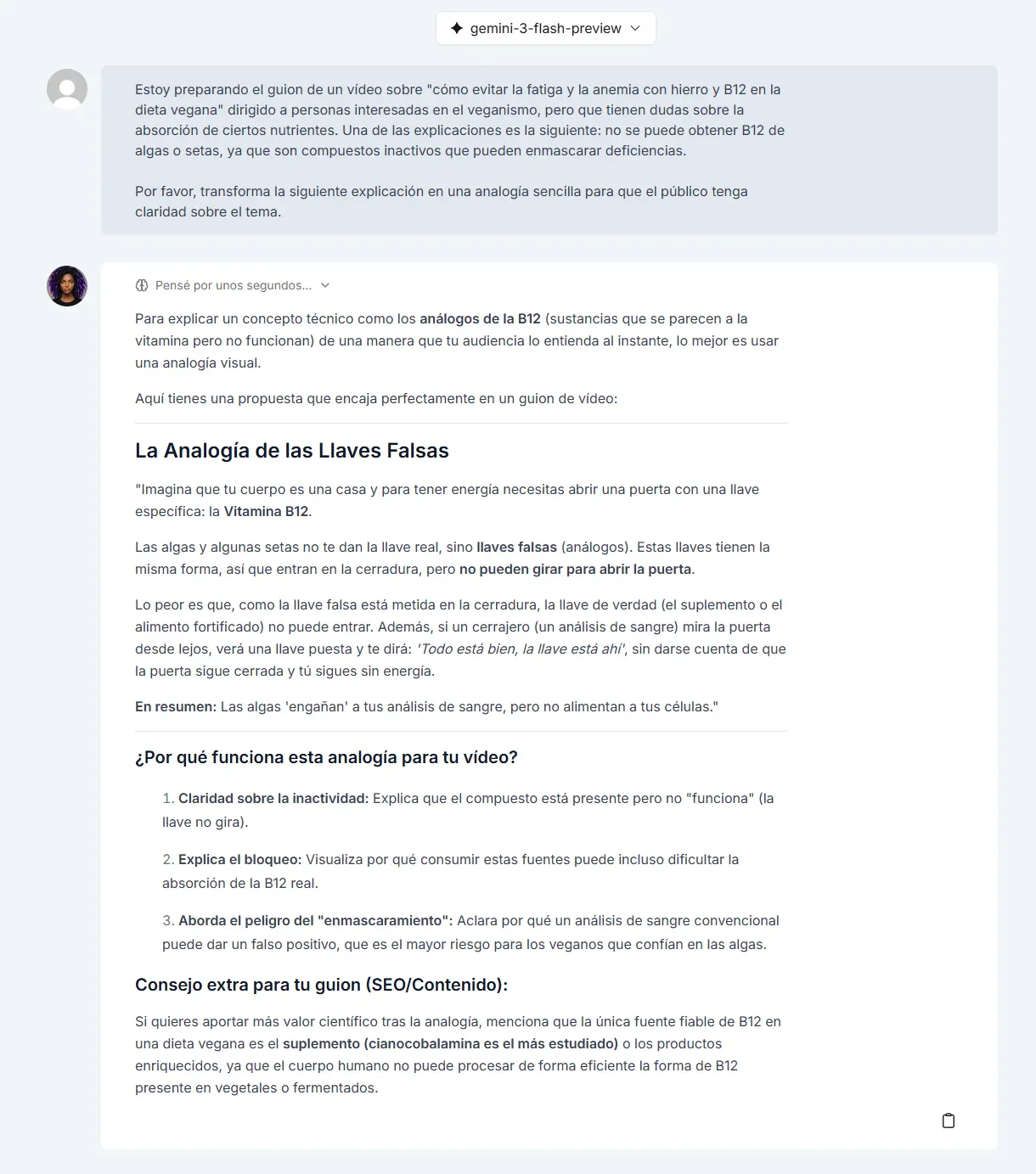 Sugerencia de analogía en ChatSEO para temas complejos