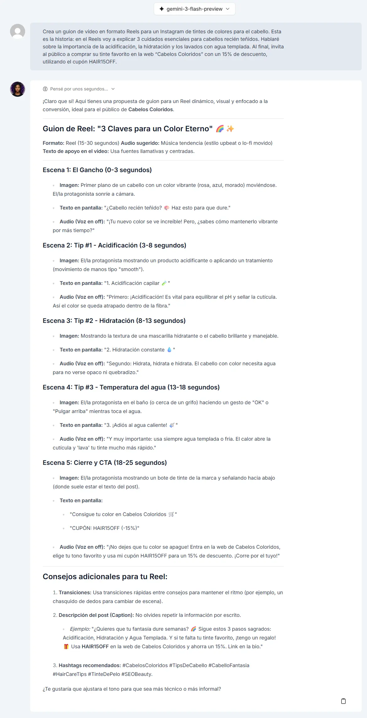 Resultado de guion para Reels generado por Niara