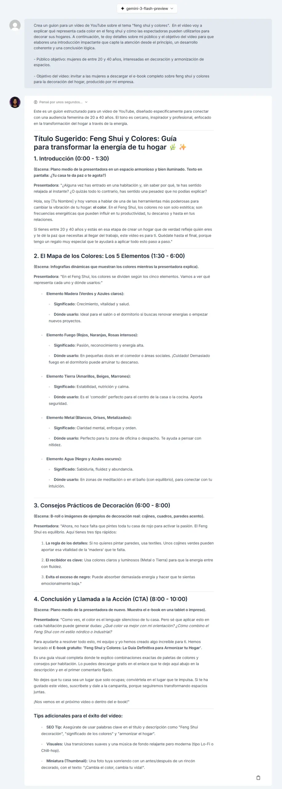 Resultado de guion para YouTube generado por Niara