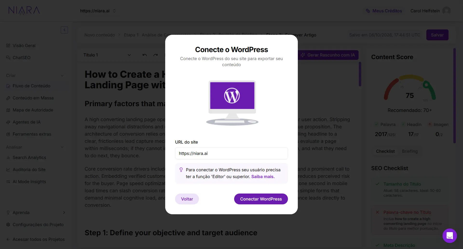 Opção "Conecte o WordPress" na Niara.