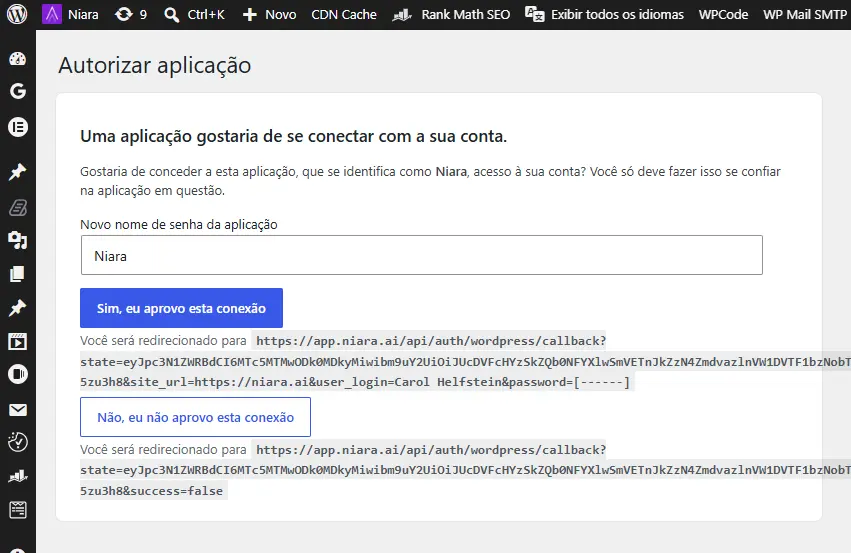 Opção "Autorizar aplicação" no WordPress para integração com a Niara