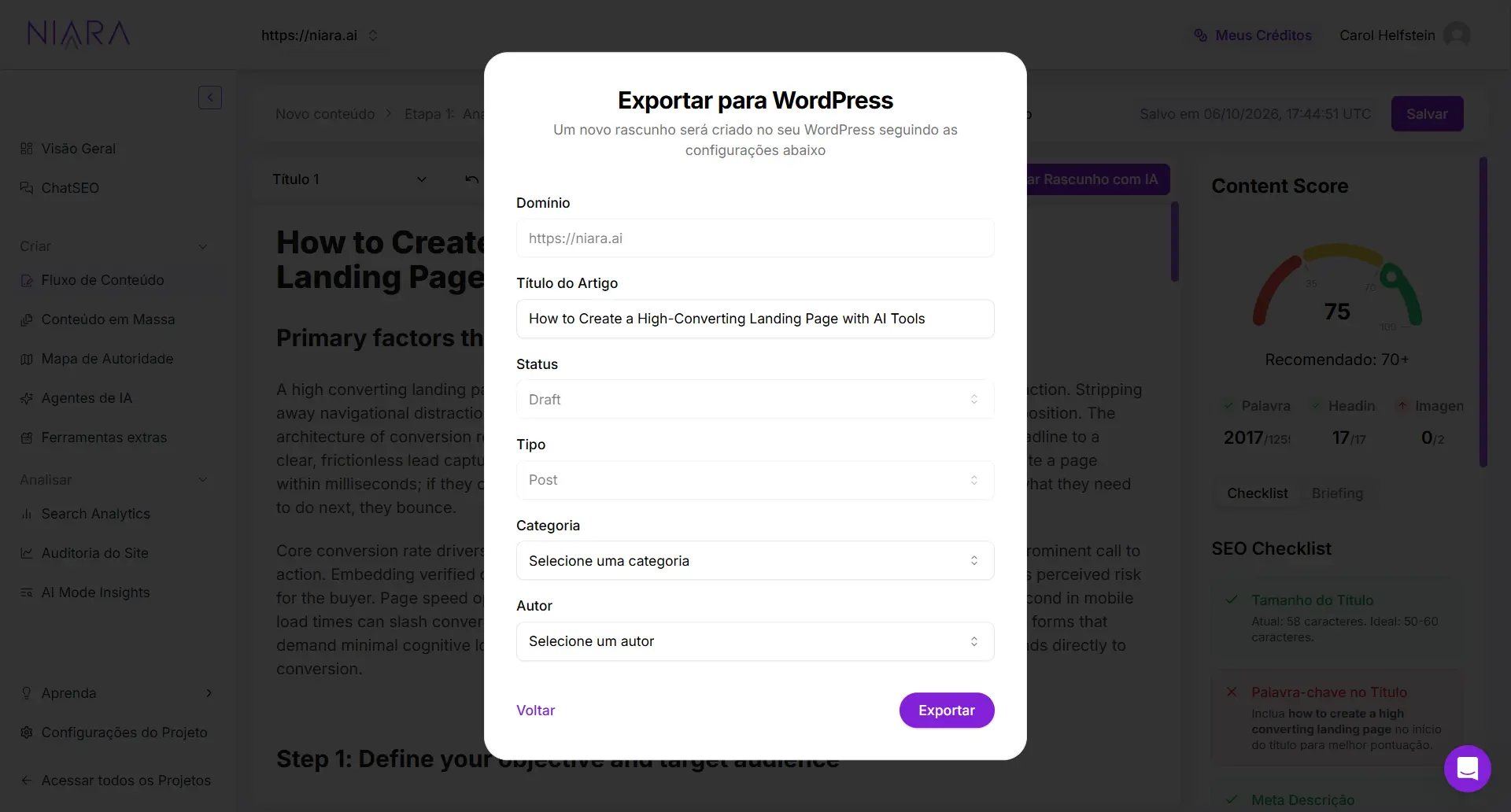 Opção de exportação para o WordPress no Fluxo de Conteúdo