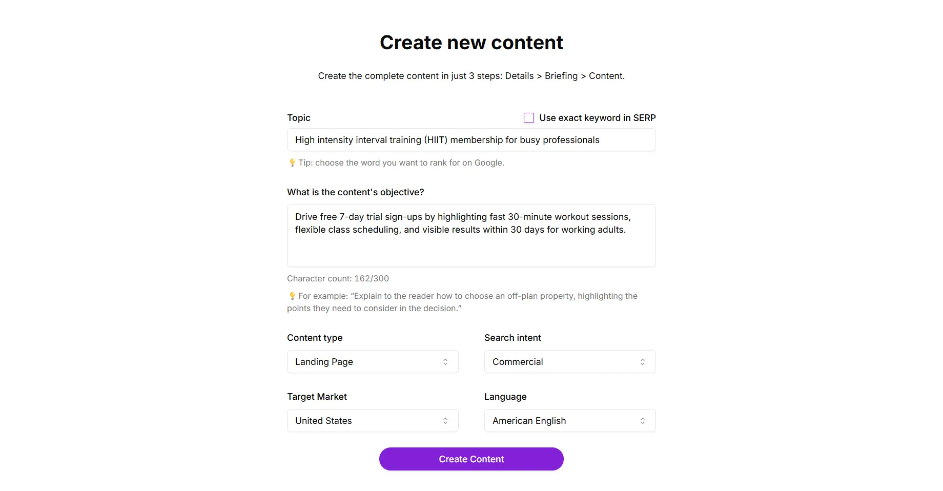 Content Workflow showing an example of a landing page creation with commercial intent.