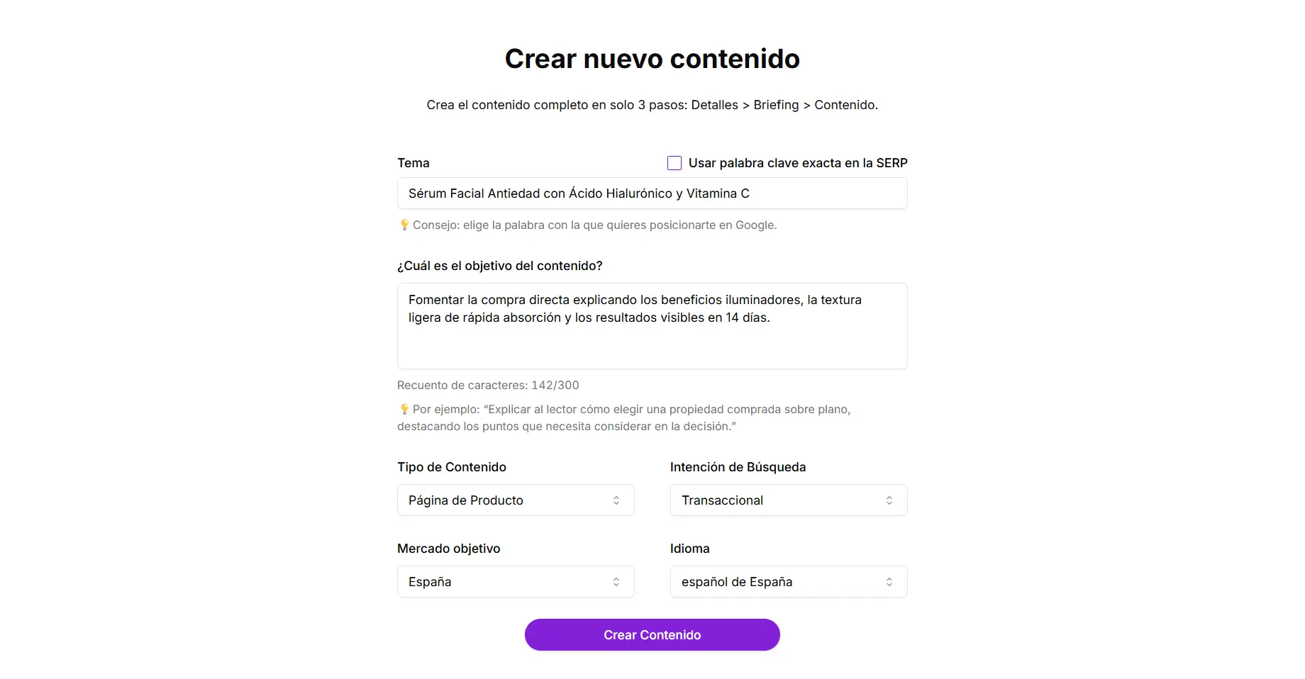 Pantalla de Flujo de Contenido con ejemplo de creación de página de producto con la intención de búsqueda transaccional.