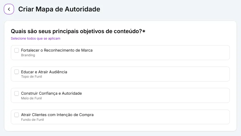 Painel seleção de objetivos no Mapa de Autoridade.