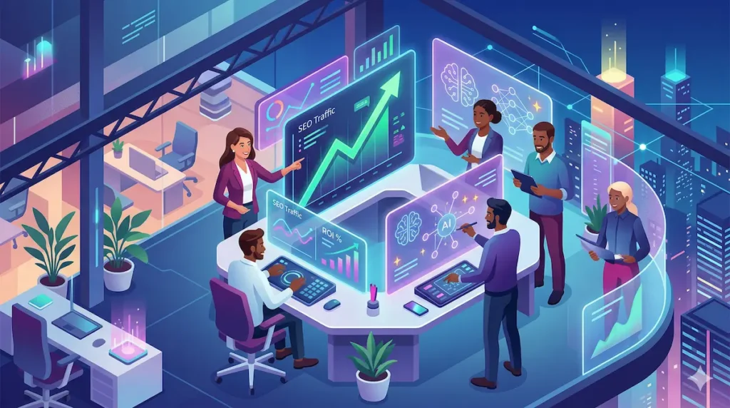 Equipe de marketing diversa em escritório futurista colaborando em torno de painéis digitais com gráficos de SEO e ROI em crescimento e ícones de inteligência artificial, transmitindo inovação e produtividade.