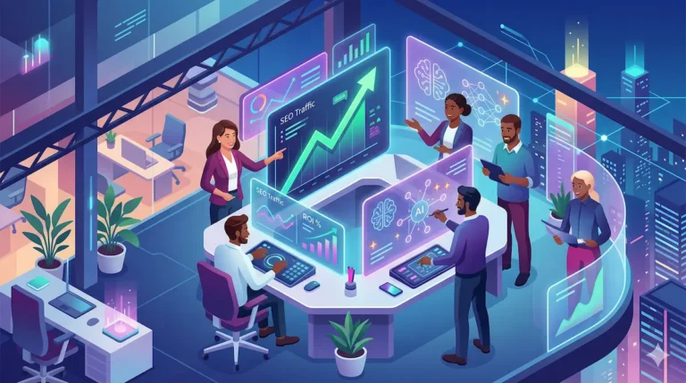Equipe de marketing diversa em escritório futurista colaborando em torno de painéis digitais com gráficos de SEO e ROI em crescimento e ícones de inteligência artificial, transmitindo inovação e produtividade.