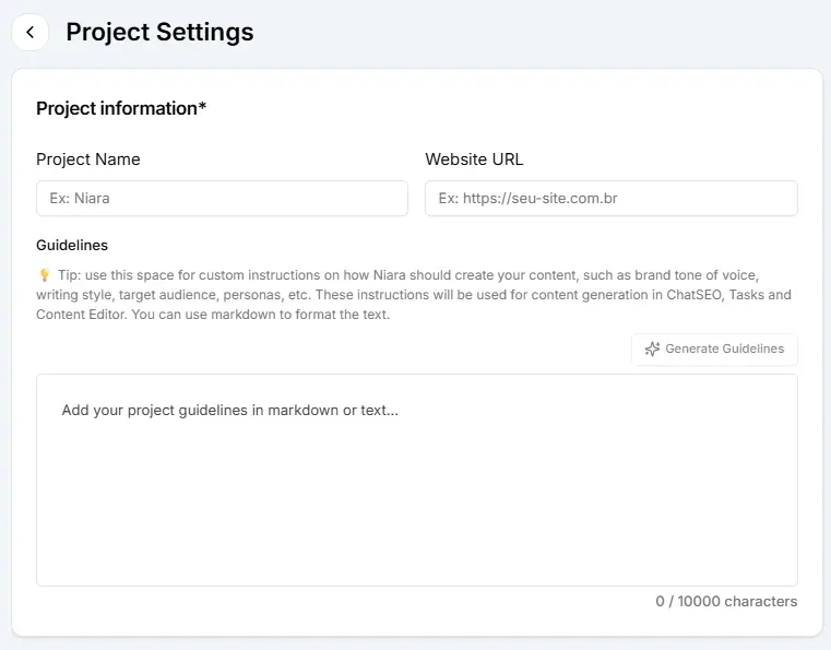 Project configuration area with the Niara Brand Guide section.