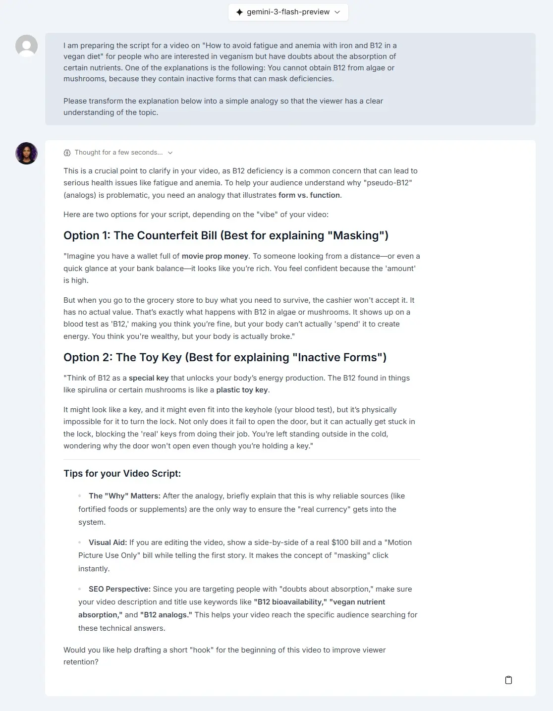 Niara's analogy suggestion for a video