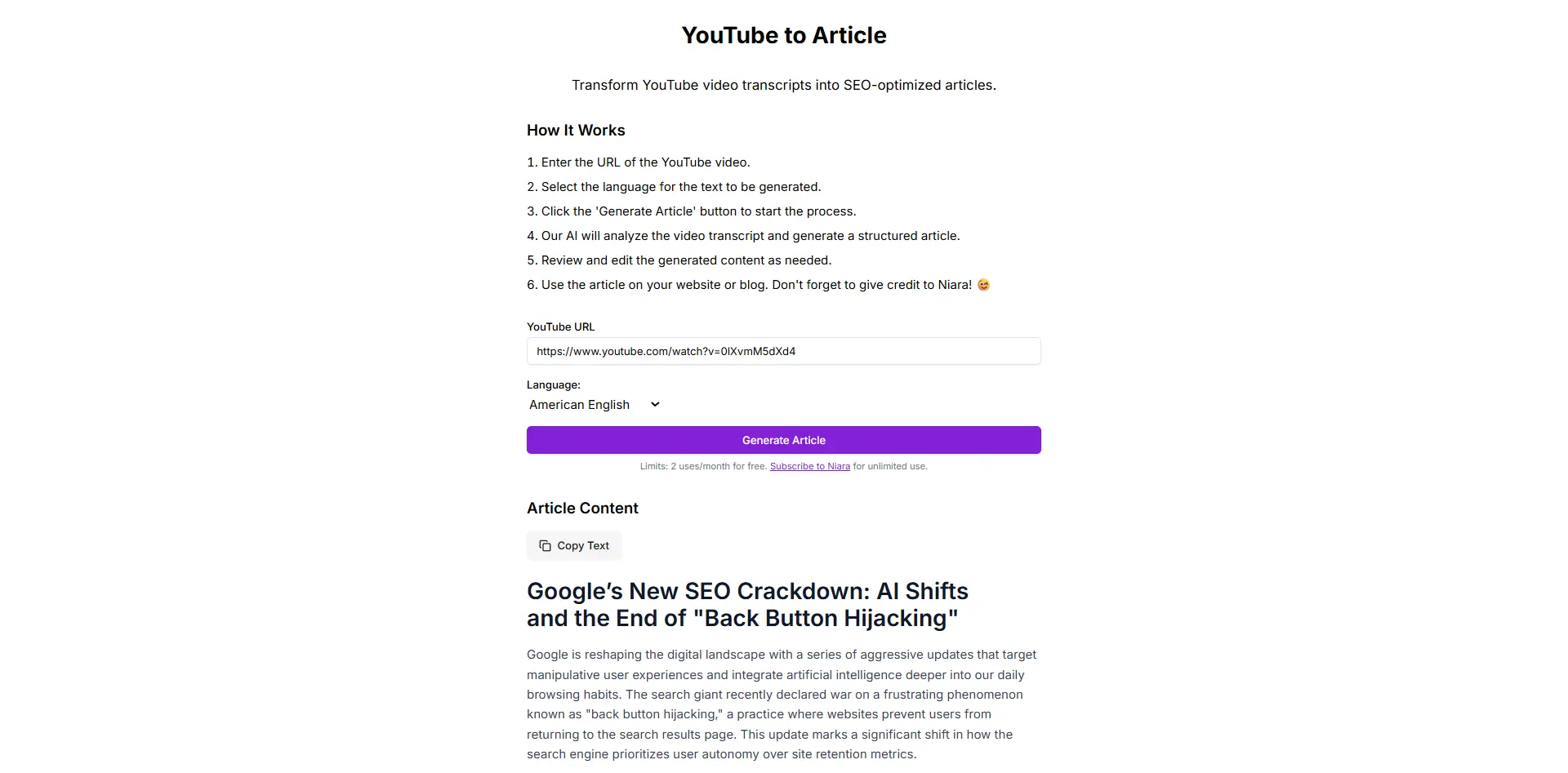 Example of text generated by the YouTube tool for Niara’s article