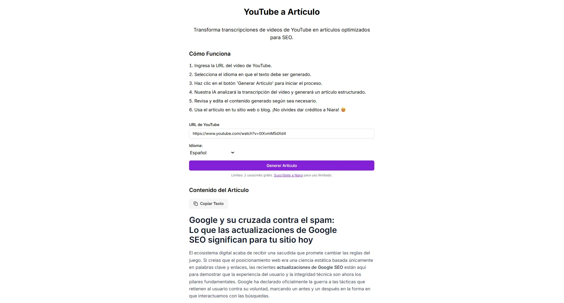 Ejemplo de texto generado por la herramienta de YouTube para el artículo de Niara